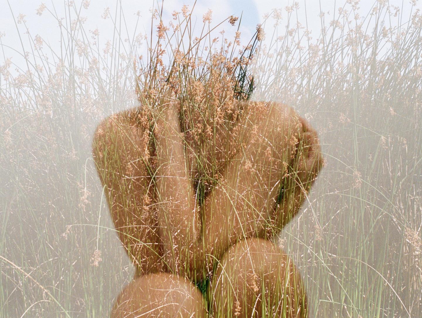 A double exposure shows a person with their head obscured by tall grass.