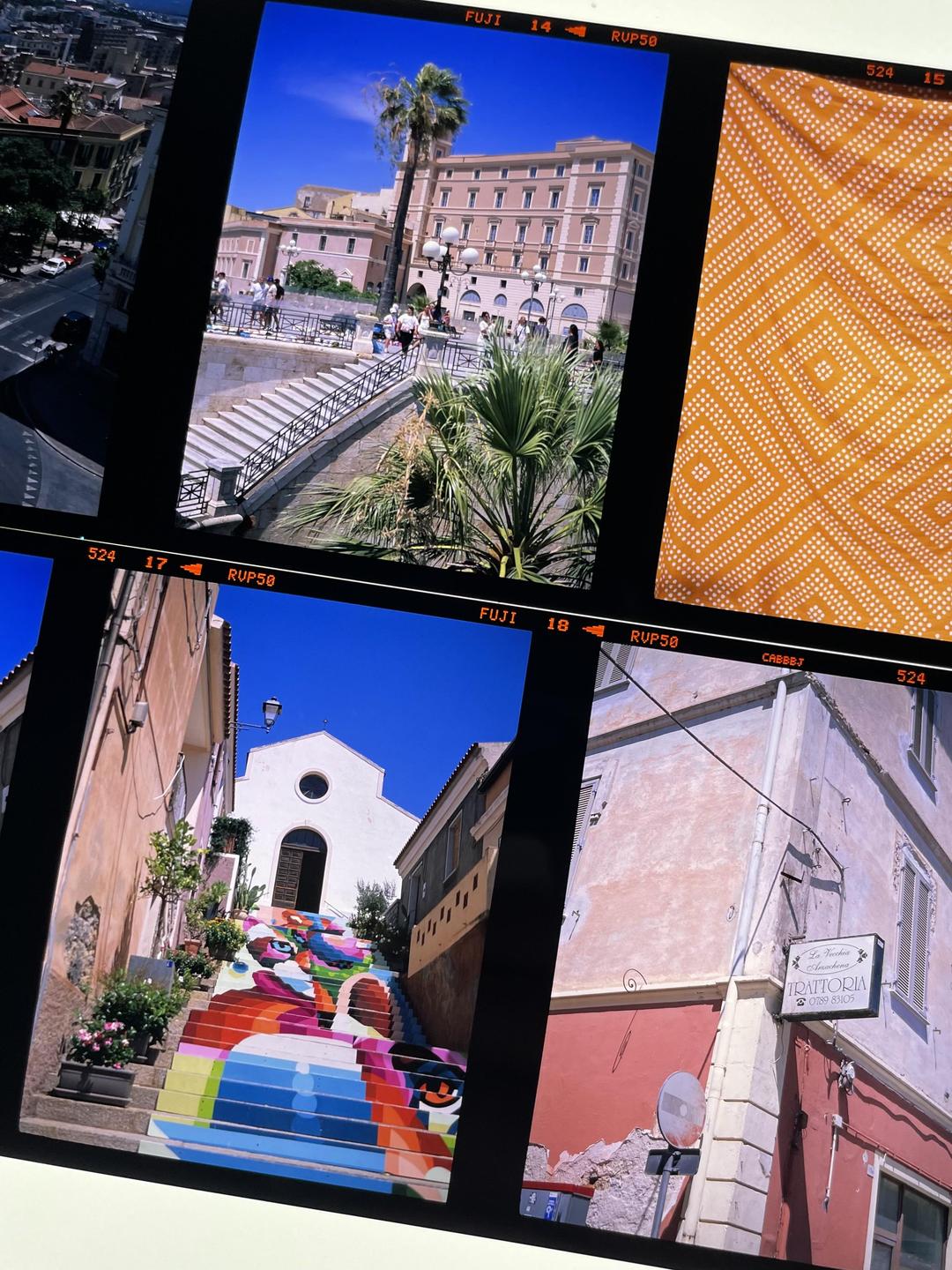 A contact sheet displays multiple images, including a city square with palm trees and a colorful staircase leading to a white building.