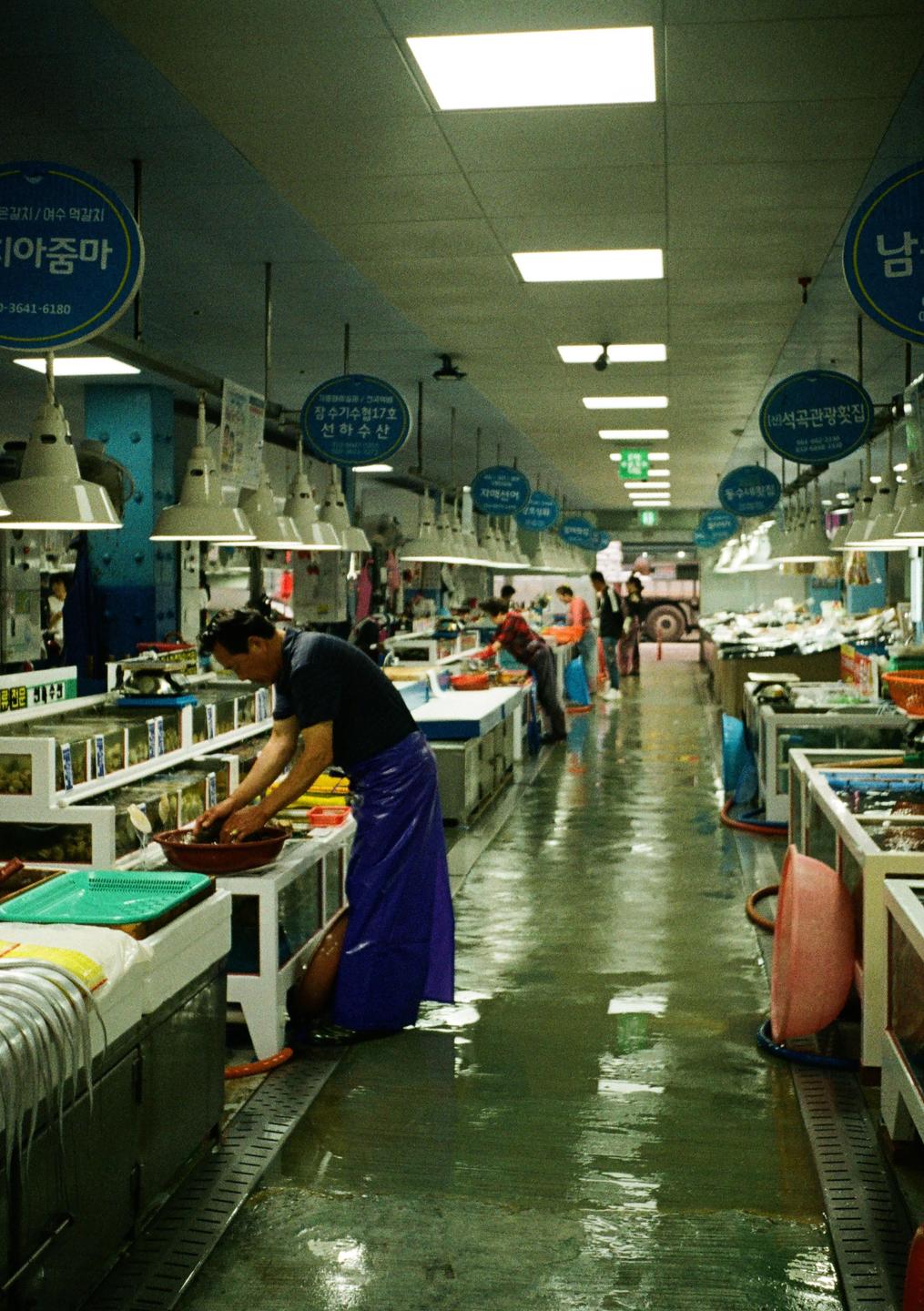 A man in a blue apron works at a stall in a fish market with a wet floor.