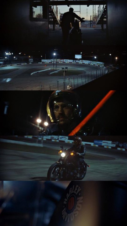 A man on a motorcycle is shown in multiple frames, including a close-up of his face in a helmet and a shot of the motorcycle on a track at night.