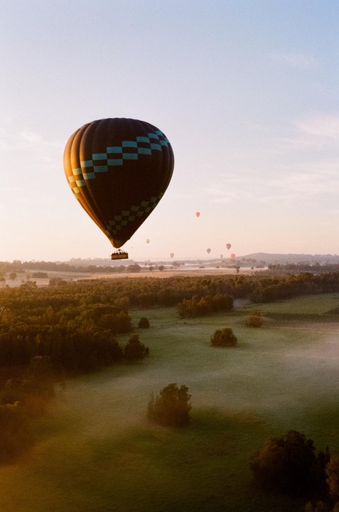 A hot air balloon with a checkered pattern floats above a misty landscape with trees and fields during sunrise.