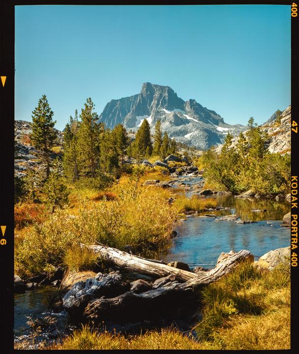 A mountain with snow-capped peaks rises above a stream flowing through a valley with trees and golden grass.