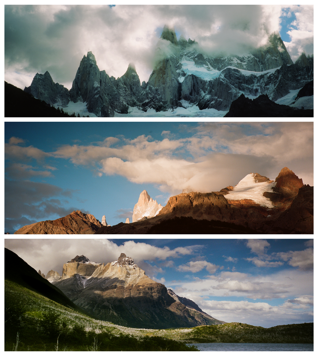 Three landscape photographs show different views of mountains and clouds in Patagonia.