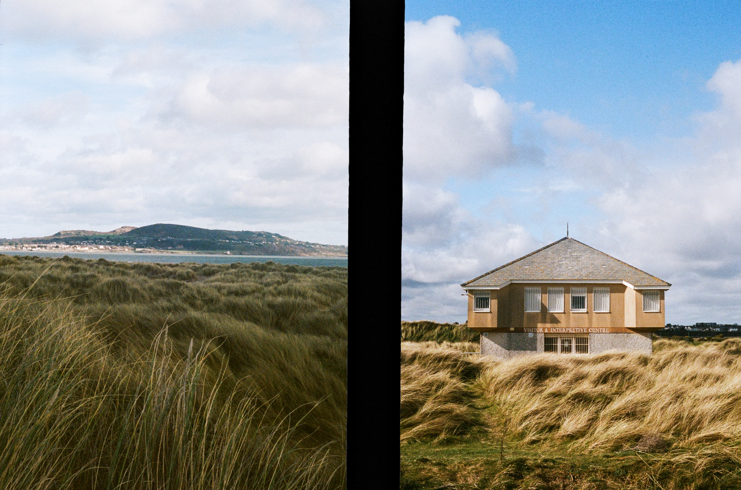 A split image shows a visitor center surrounded by tall grass on the right, and a body of water with a distant mountain range on the left.