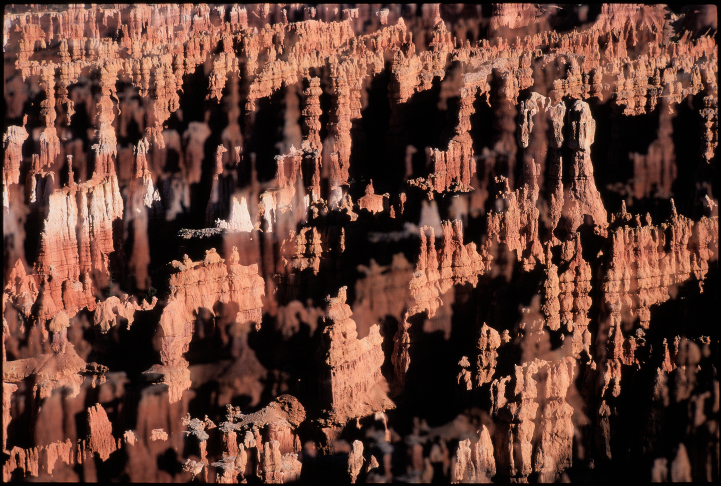 A double exposure shows a canyon wall with many hoodoos and deep shadows.