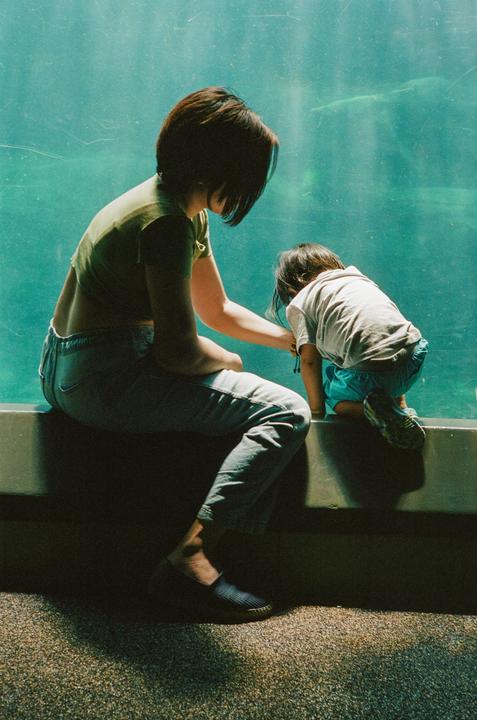 A woman and a child look into a large aquarium.