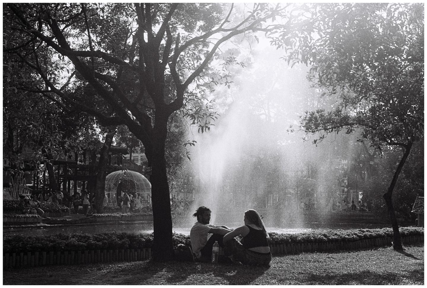 A couple sits on the grass under a tree in a park with a fountain spraying water in the background.