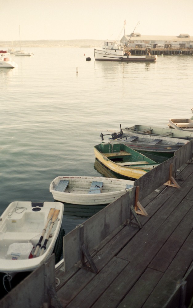 Several small boats are tied to a wooden dock, with a larger fishing boat and buildings visible in the distance across the water.
