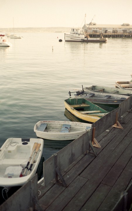 Several small boats are tied to a wooden dock, with a larger fishing boat and buildings visible in the distance across the water.