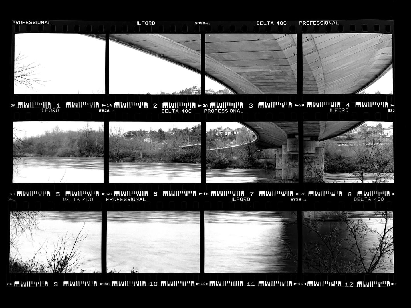 A contact sheet displays multiple black and white photographs of a river and the underside of a bridge.