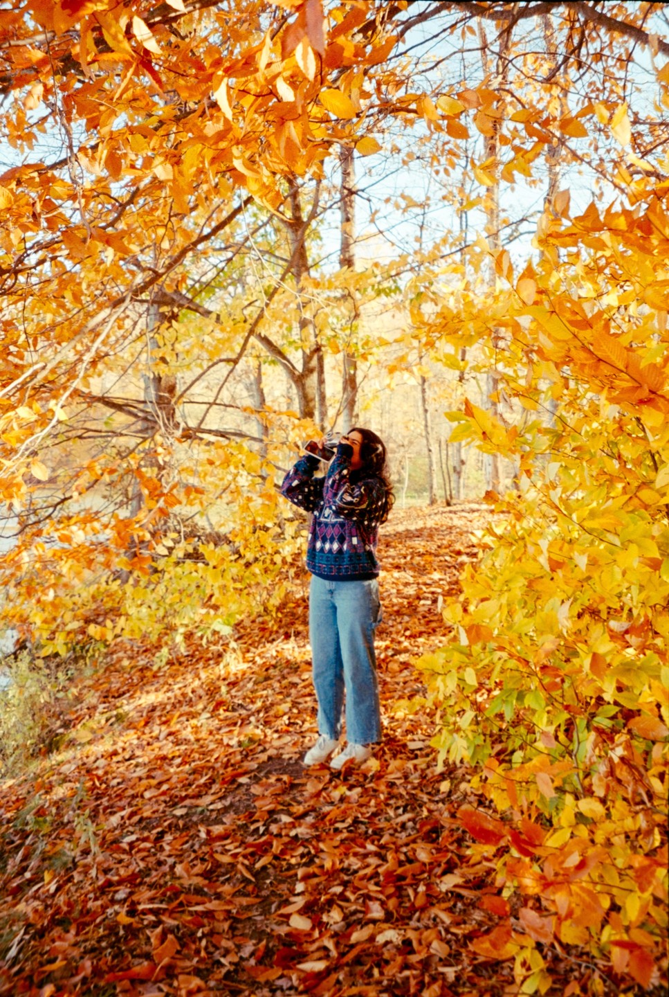 A woman stands on a path covered in autumn leaves, holding a camera to her face, surrounded by trees with bright yellow and orange foliage.