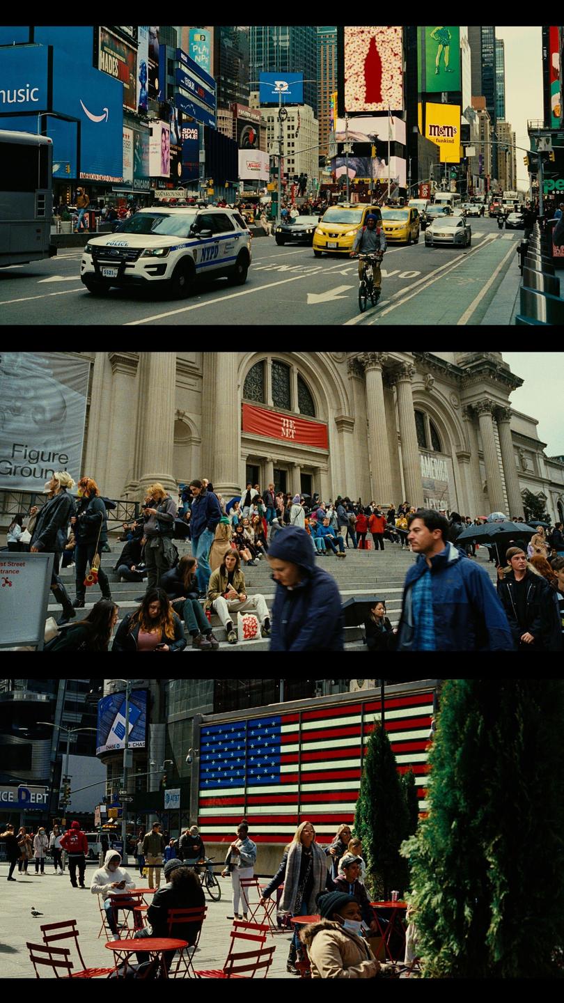 Three distinct images show different street scenes in New York City, including a police car on a busy street, people on the steps of a large building, and an outdoor cafe with an American flag mural.