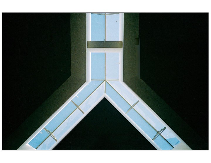 A skylight with a geometric pattern is visible against a dark ceiling.
