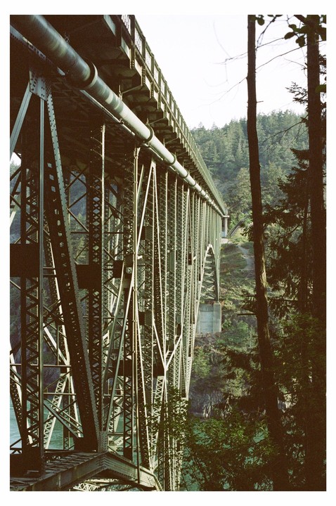 A large metal bridge spans a body of water with a forest on the far bank.