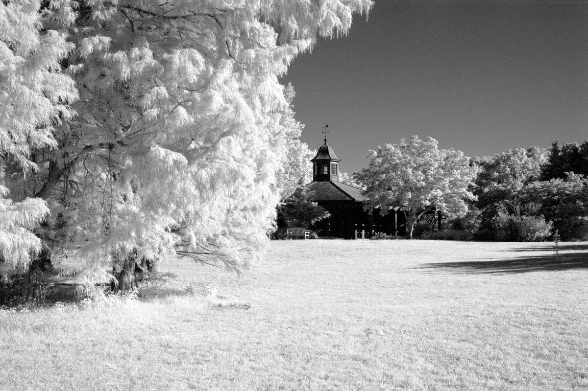 A dark building with a cupola stands in a field with bright trees and grass under a dark sky.