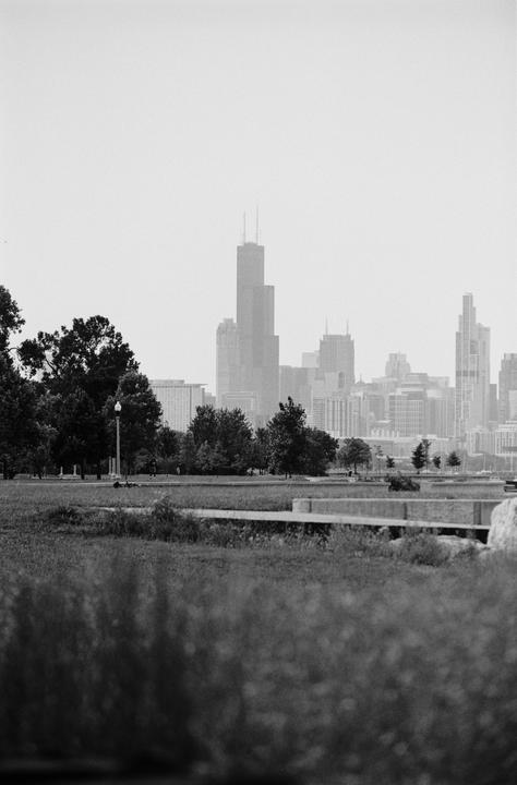 A hazy black and white cityscape shows a park in the foreground and tall buildings in the background.