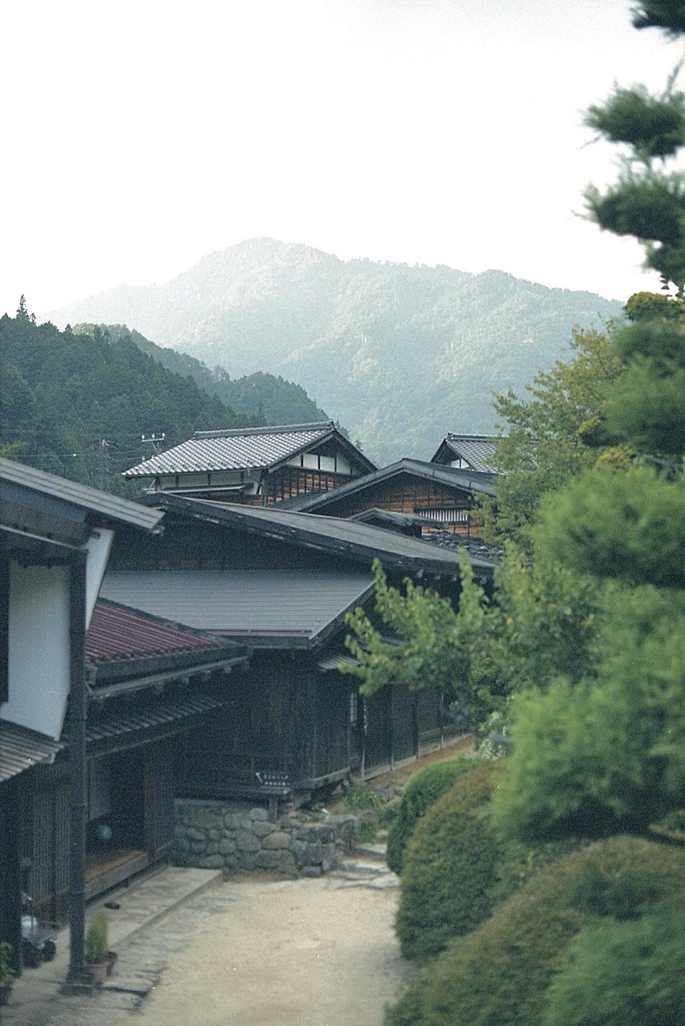 Traditional Japanese houses with tiled roofs are nestled in a valley with lush green mountains in the background.