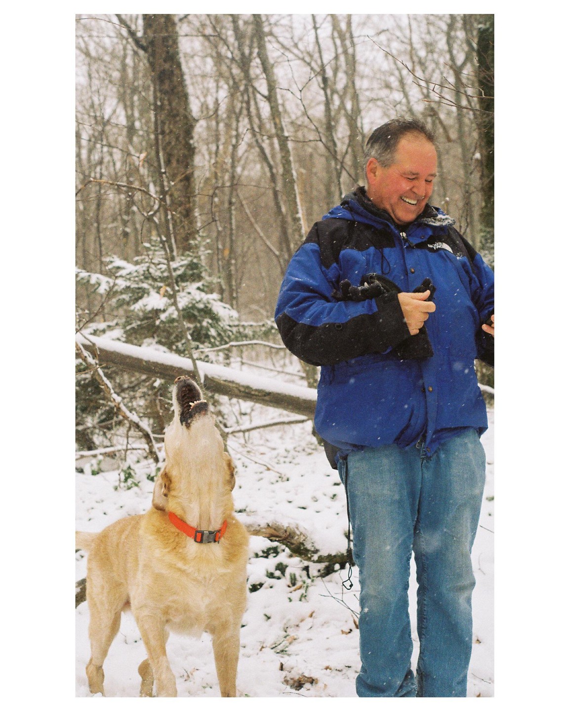 A man in a blue jacket smiles while a dog with an orange collar barks in a snowy forest.