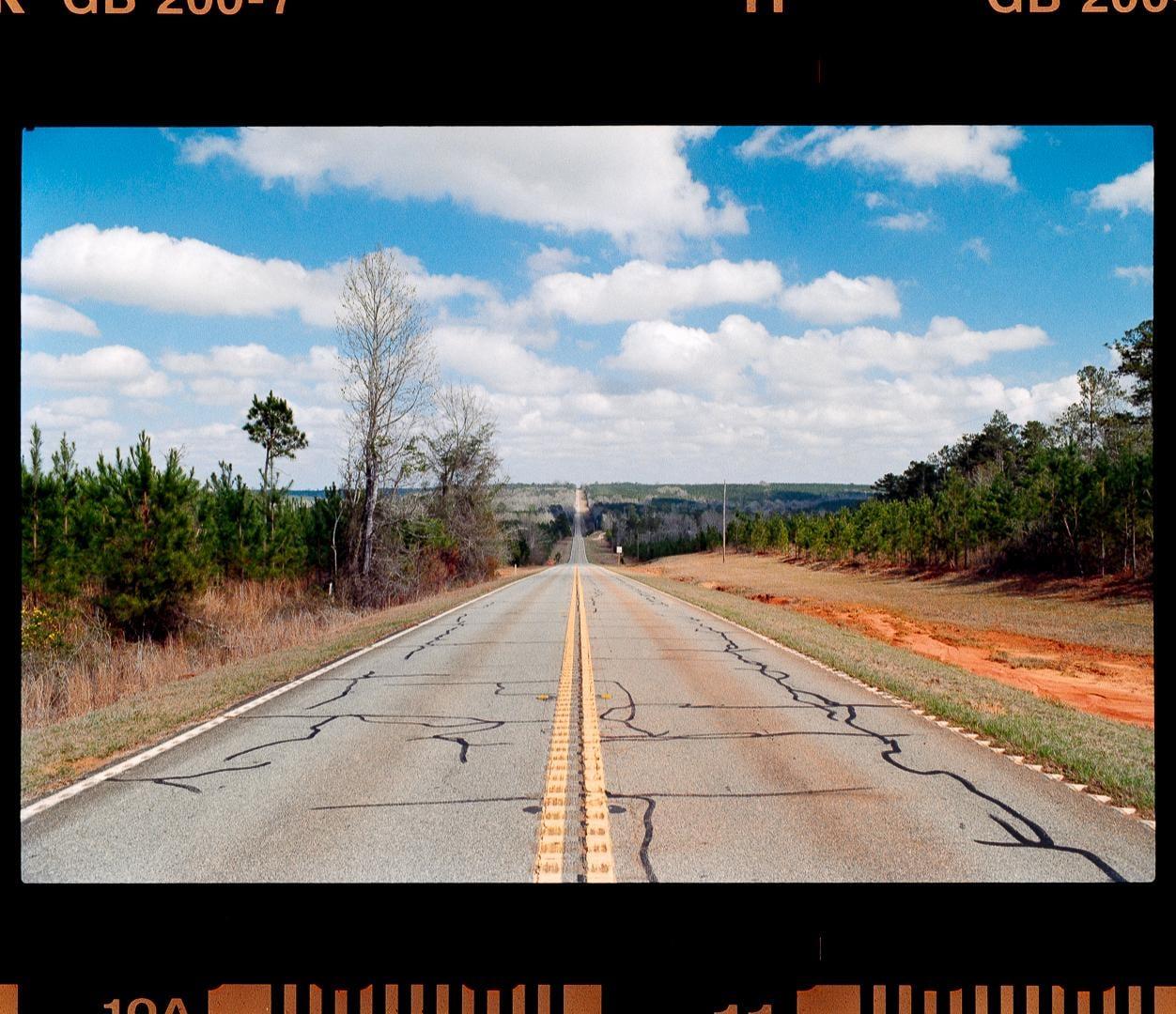 A long, straight road stretches into the distance under a blue sky with white clouds, flanked by trees and dry grass.