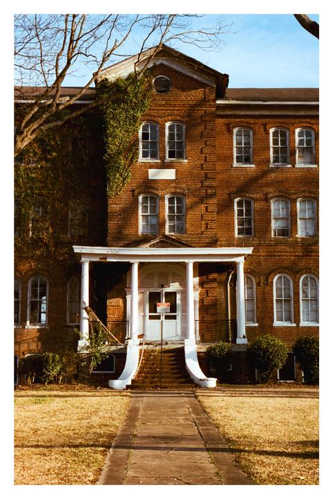 A brick building with a white porch and columns is covered in ivy, with a bare tree branch in the foreground.