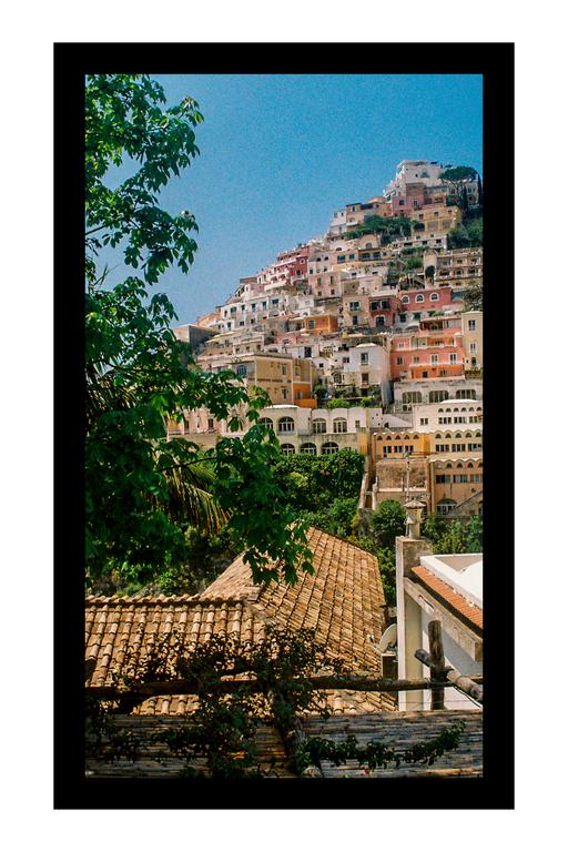 A hillside town with colorful buildings and terracotta roofs is visible through green foliage.