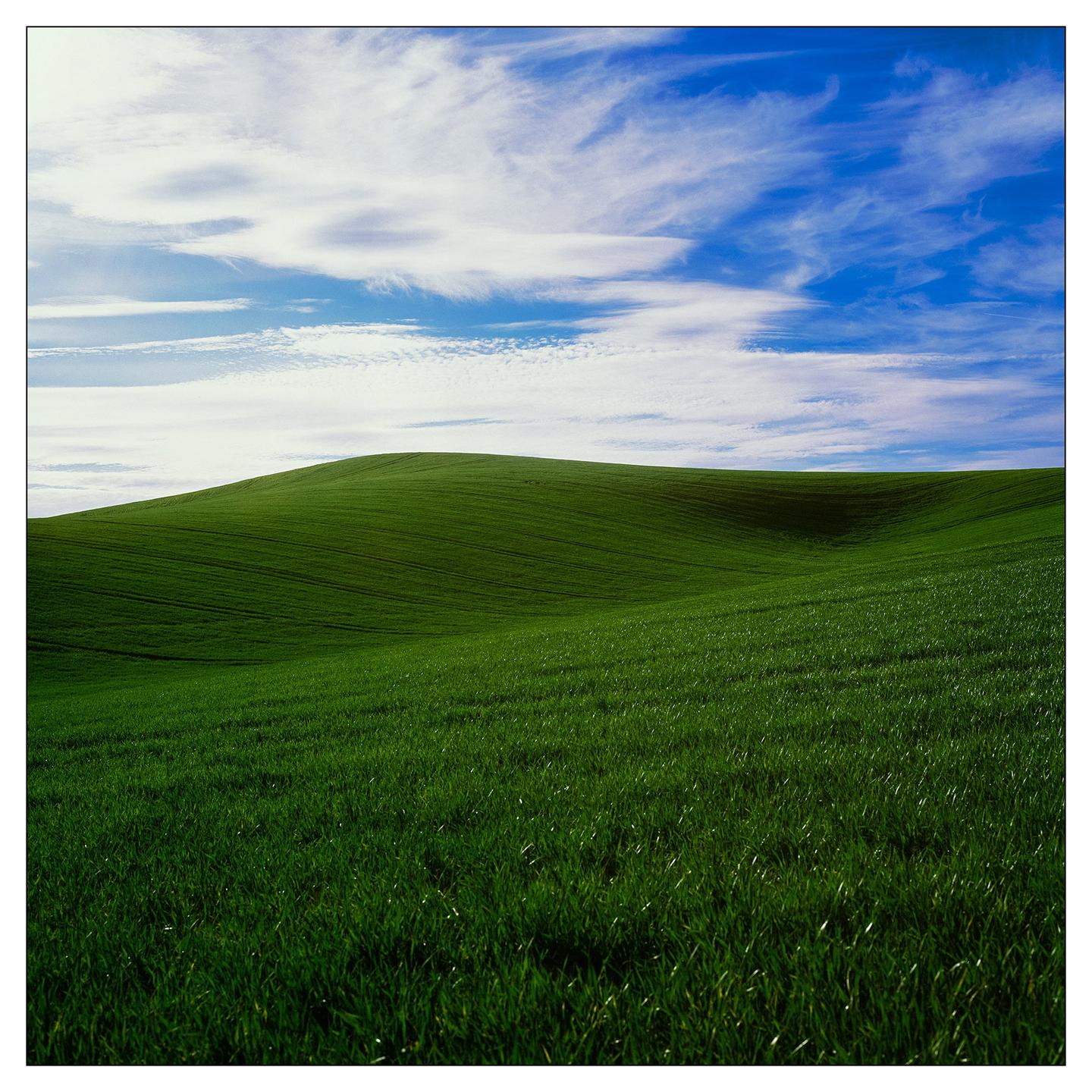 A vibrant green hill rolls under a bright blue sky with wispy clouds.