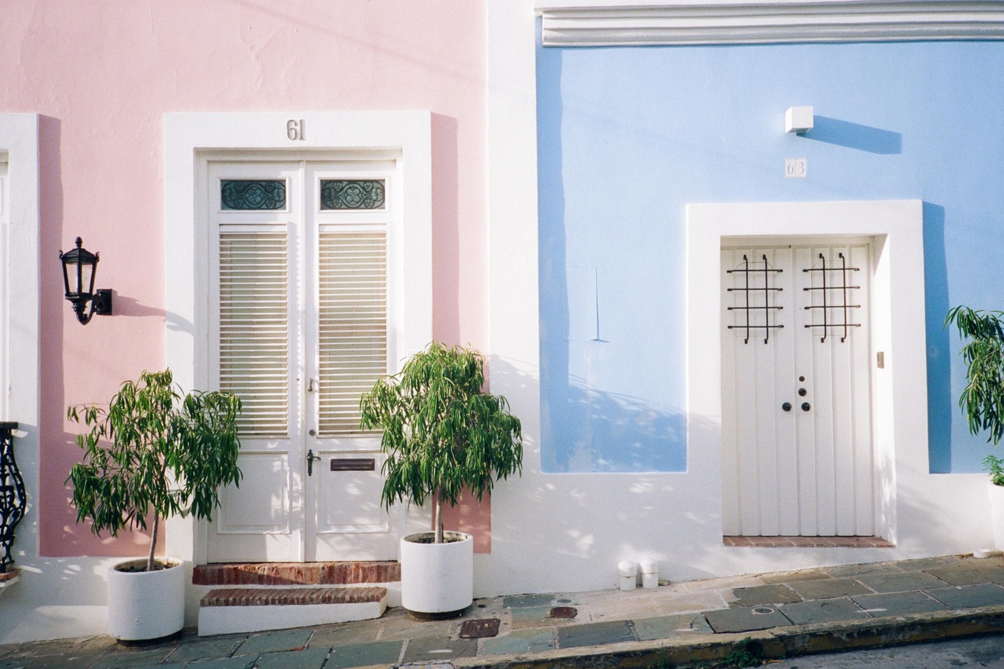 Two pastel-colored buildings, one pink and one blue, stand side-by-side with white doors and potted plants in front.