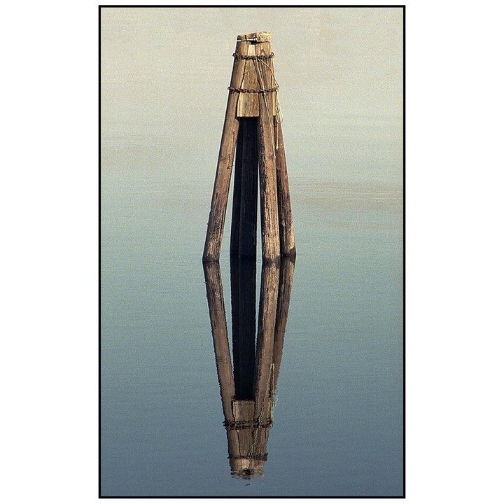 Three wooden posts stand in calm water, reflecting in the surface.