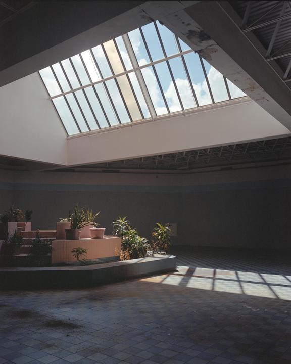 Sunlight streams through a large skylight onto the tiled floor of an abandoned mall with planters.