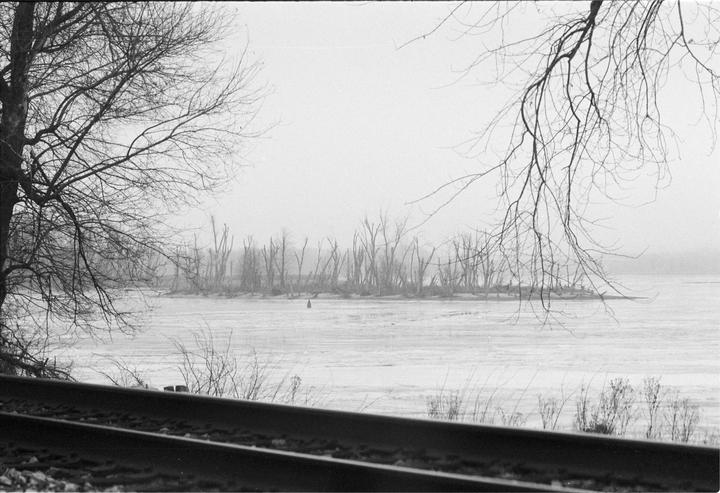 A frozen river with an island of bare trees is visible beyond railroad tracks and tree branches.
