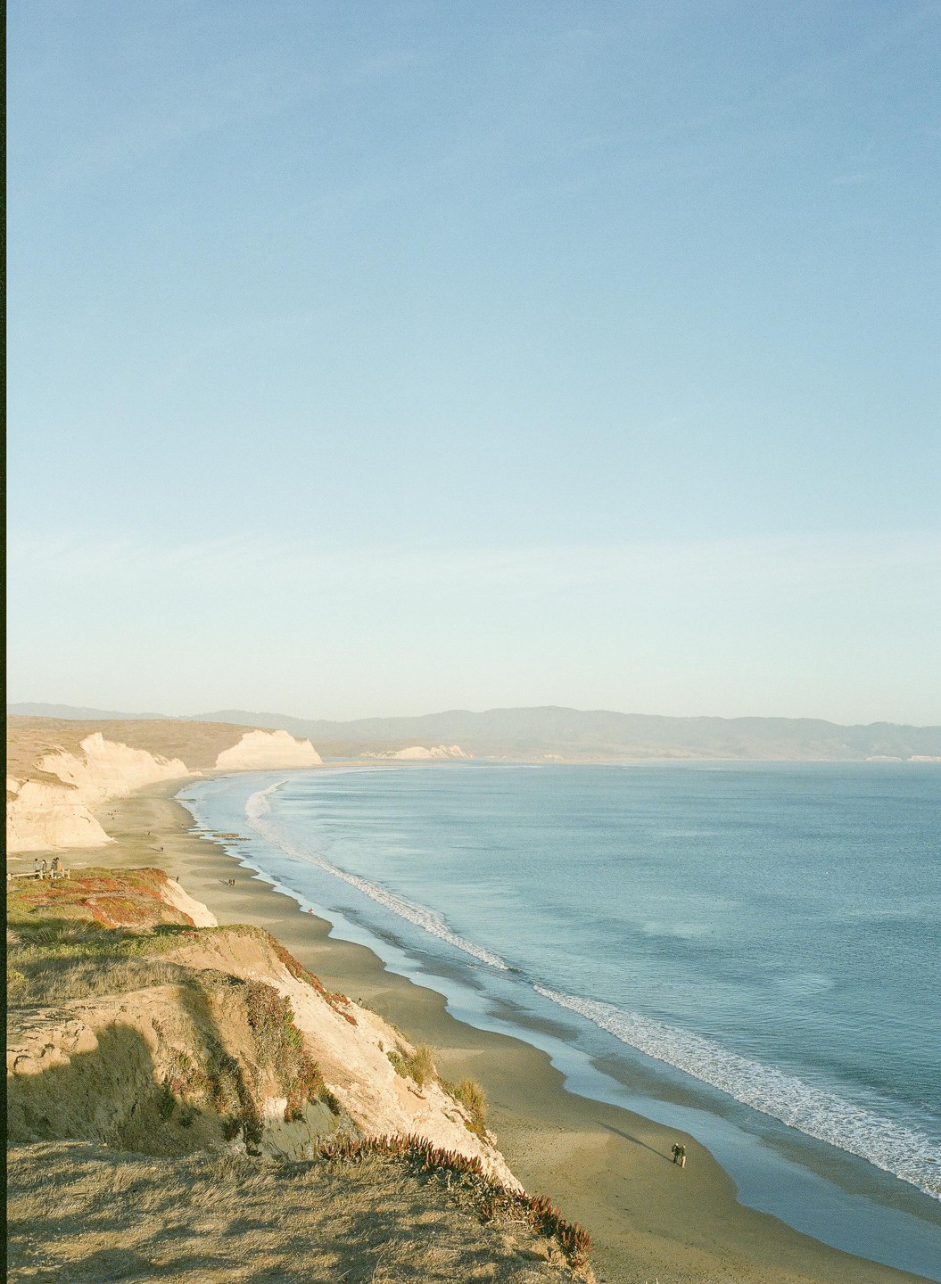 A long stretch of Drakes Beach is visible from a high vantage point, with waves breaking on the shore and cliffs rising on the left.