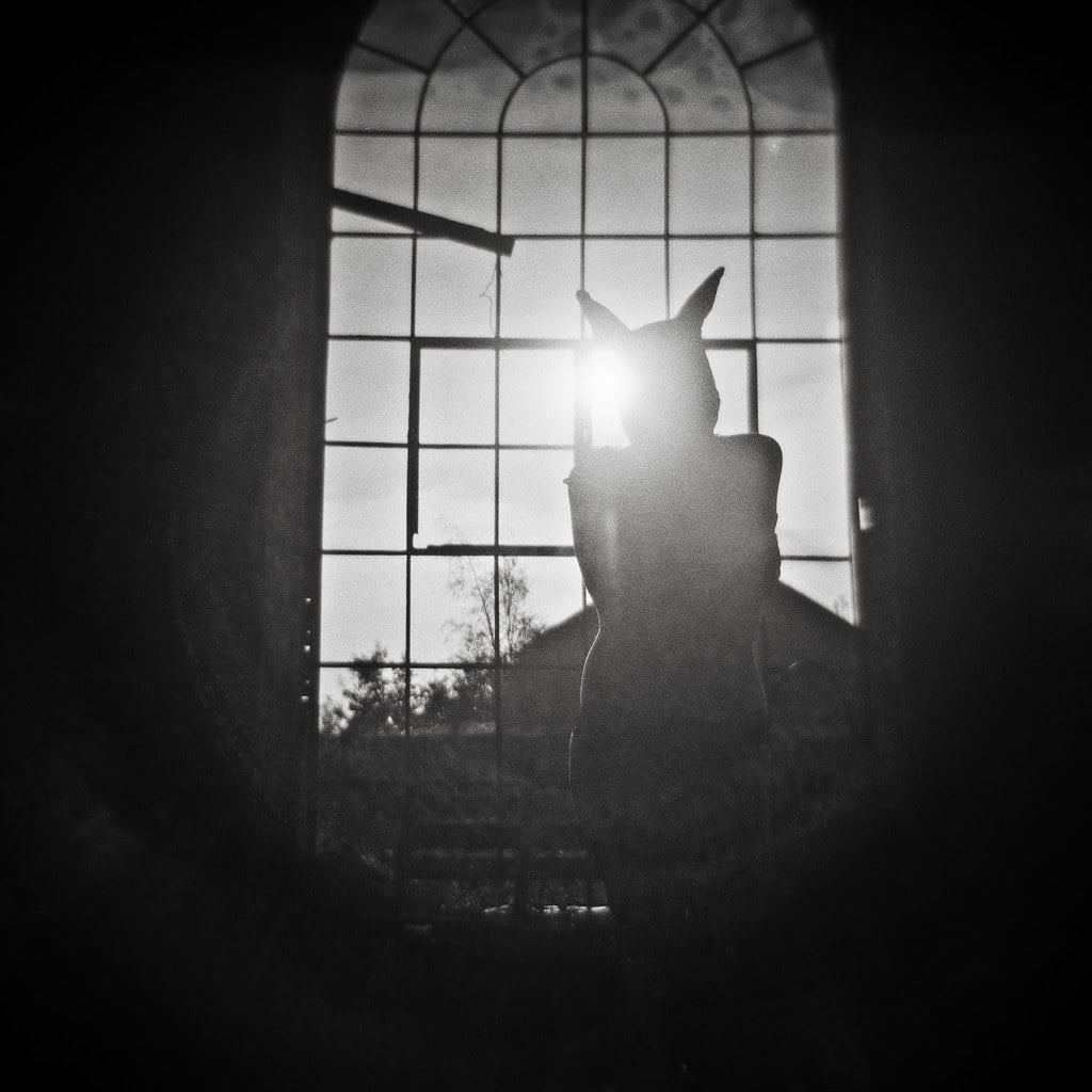 A person wearing a mask with ears stands silhouetted against a large arched window with bright sunlight.