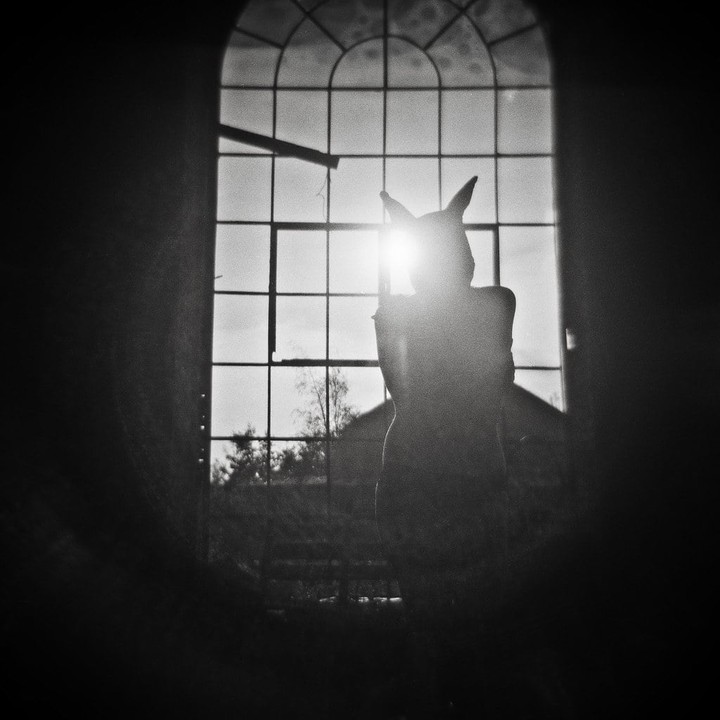 A person wearing a mask with ears stands silhouetted against a large arched window with bright sunlight.