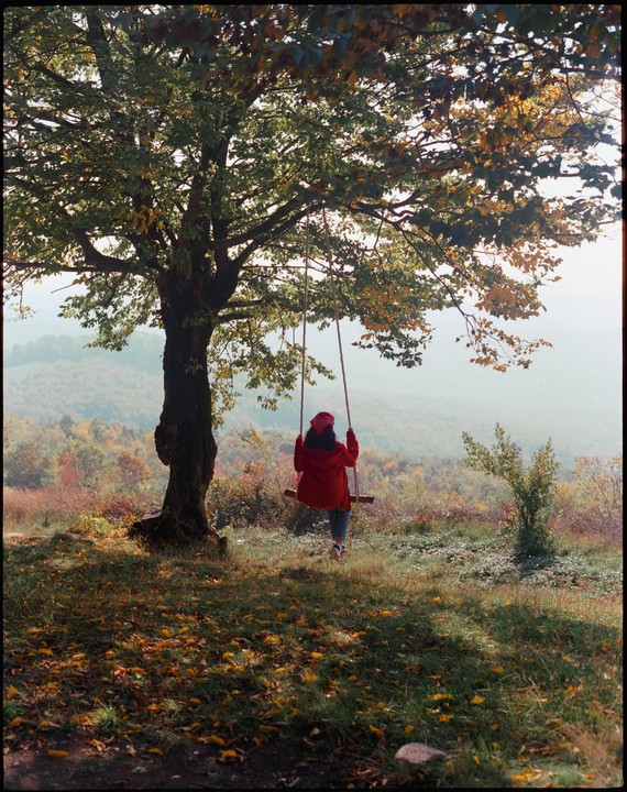 A woman in a red coat swings on a tree swing overlooking a valley with autumn foliage.