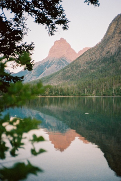 A mountain peak with a forest at its base is reflected in a lake, with tree branches in the foreground.