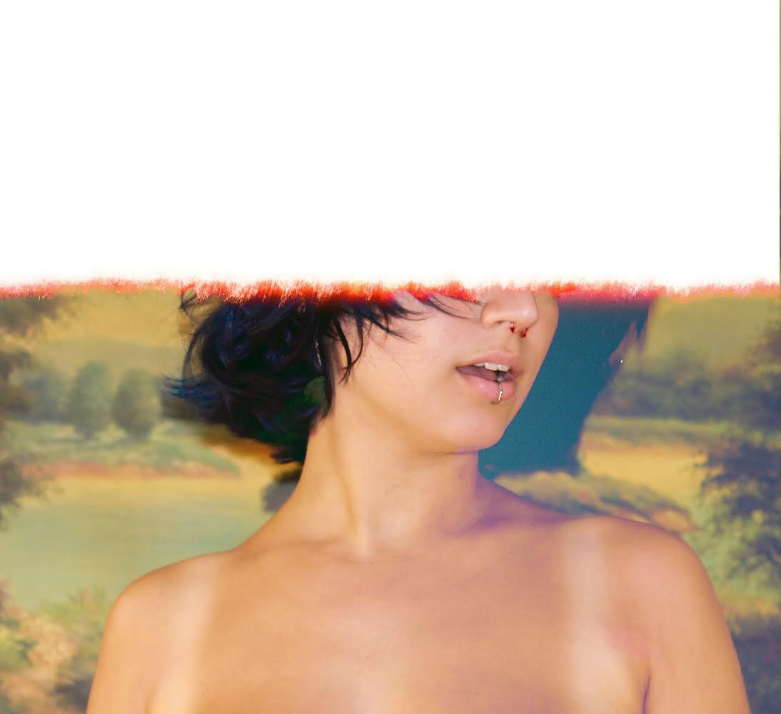A woman with short dark hair and a nose piercing is shown from the shoulders up, with a painted landscape behind her.