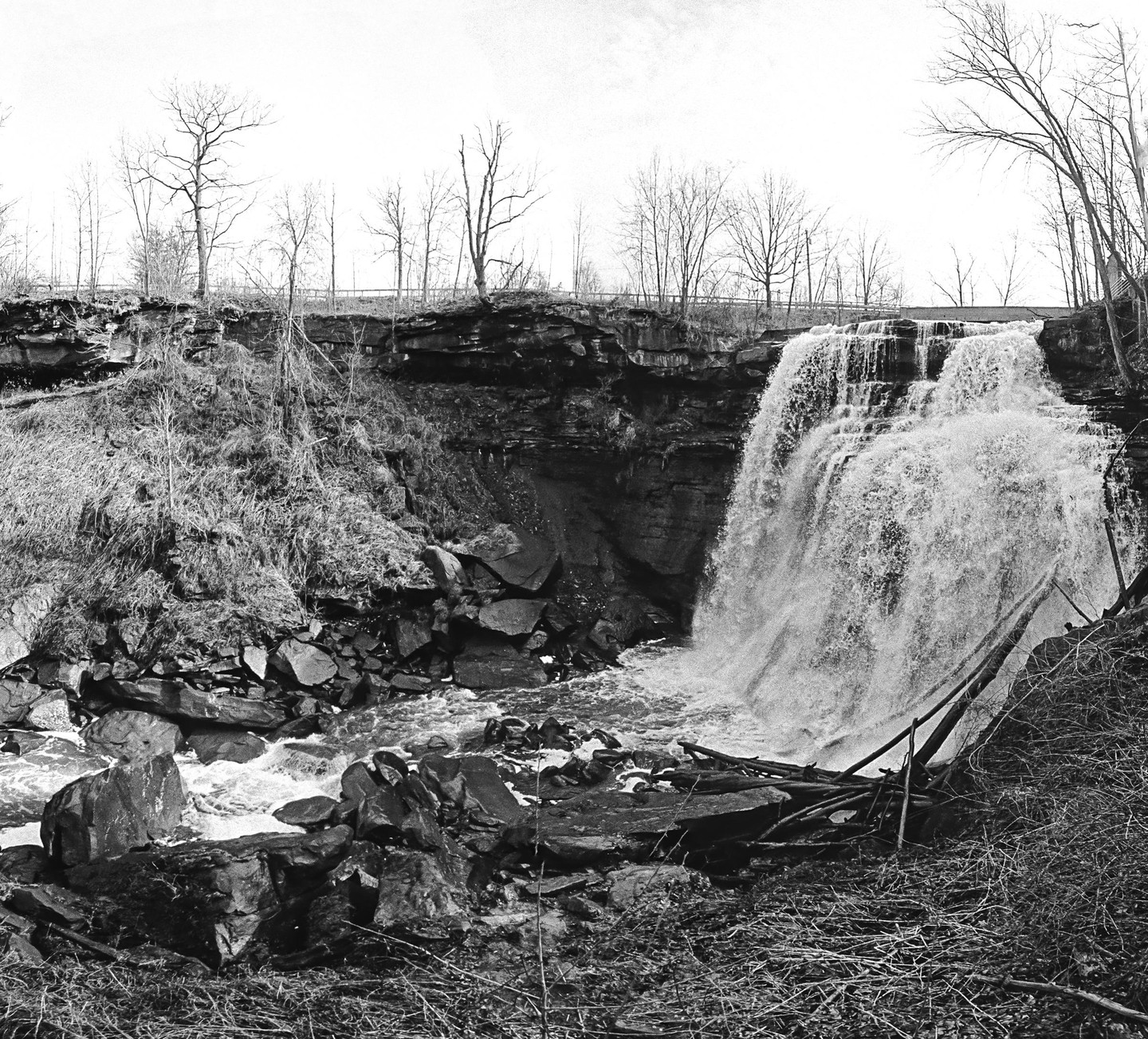 A waterfall cascades over a rocky cliff into a river, surrounded by bare trees and fallen logs.