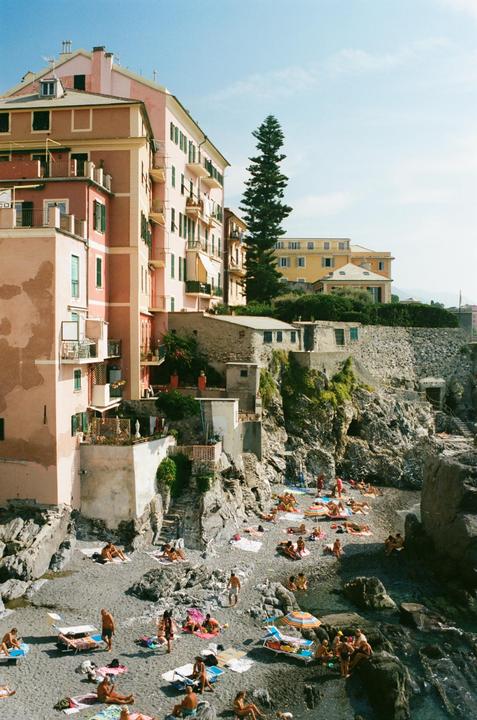 A rocky beach with many people sunbathing is overlooked by colorful buildings and a tall tree.