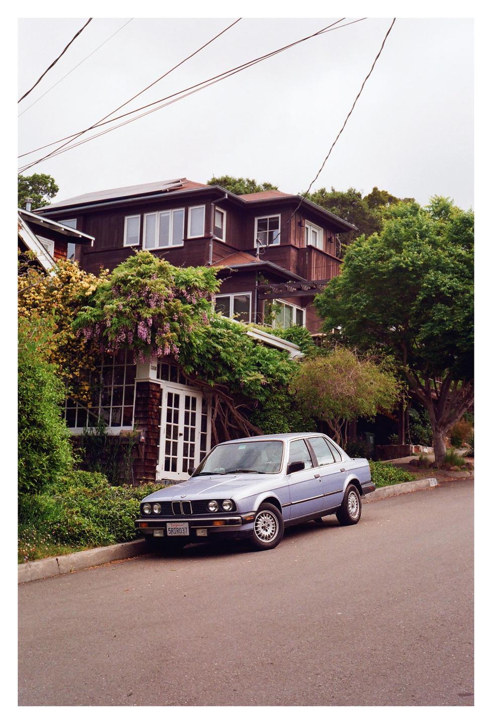 A light blue sedan is parked on a residential street in front of a house covered in lush green foliage and purple flowers.