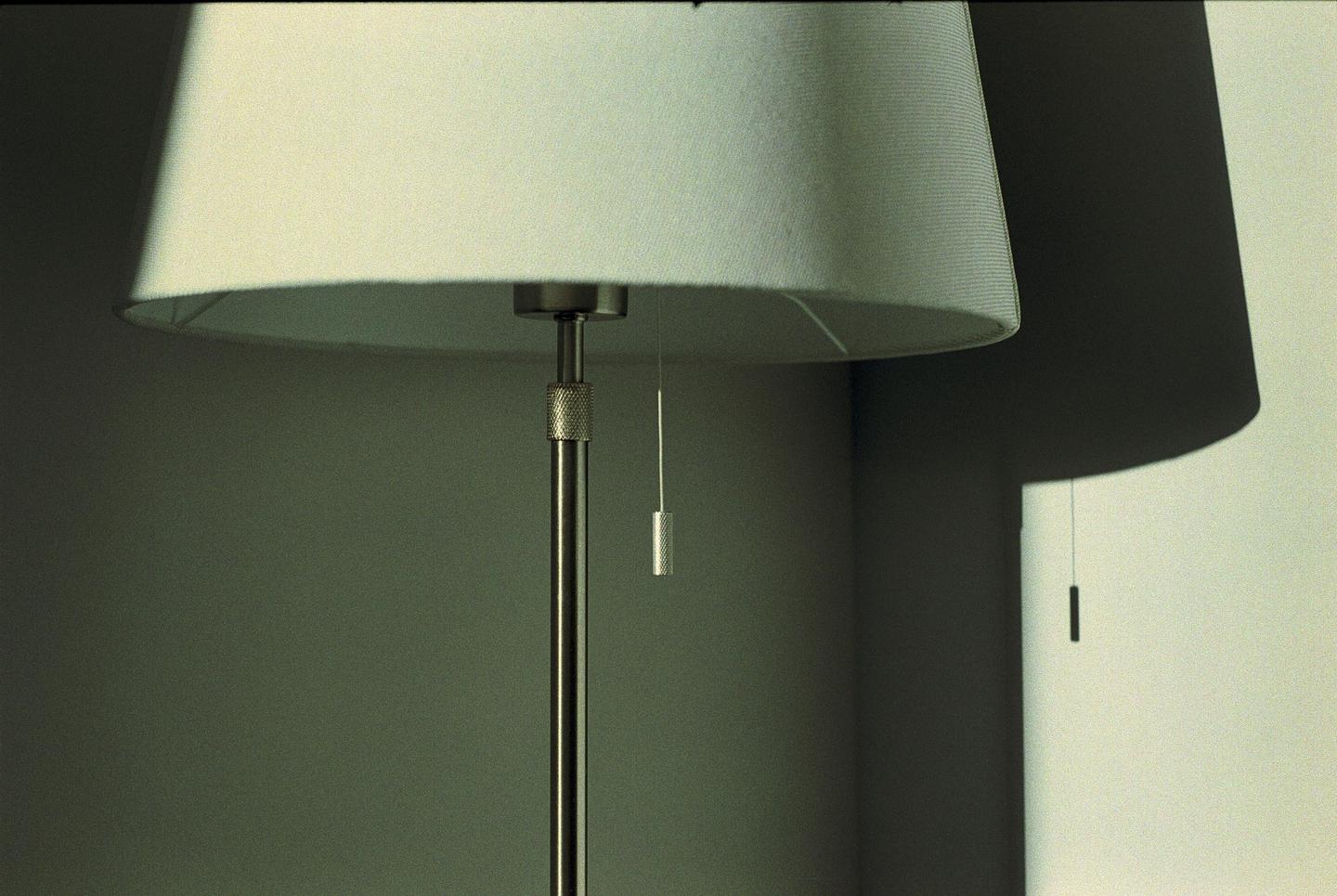 A lamp with a white shade casts a shadow on a wall.