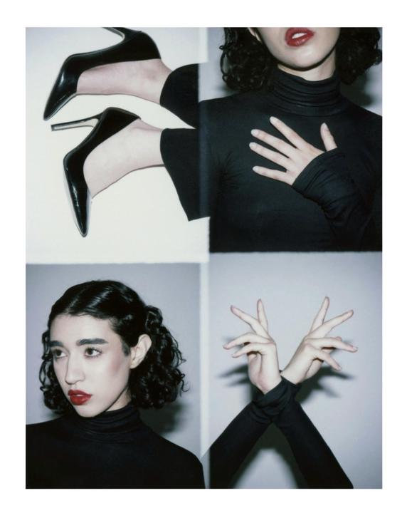 A woman is shown in four different poses, wearing a black turtleneck and red lipstick.