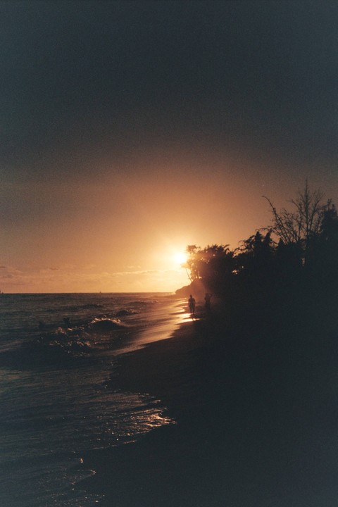 The sun sets over a beach with two people walking along the shore and trees silhouetted against the sky.