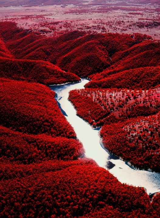 An aerial view shows a winding river through mountains covered in red foliage.