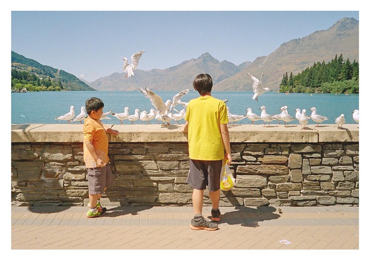 Two boys stand by a stone wall next to a lake, surrounded by seagulls, with mountains in the background.