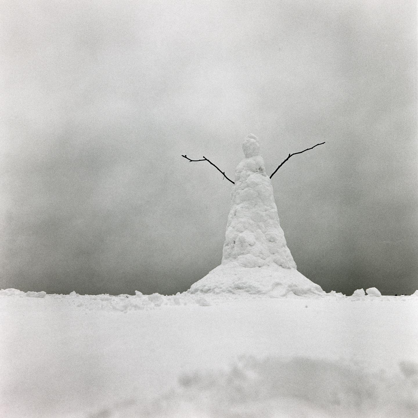 A snowman with stick arms stands in a field of snow under a cloudy sky.