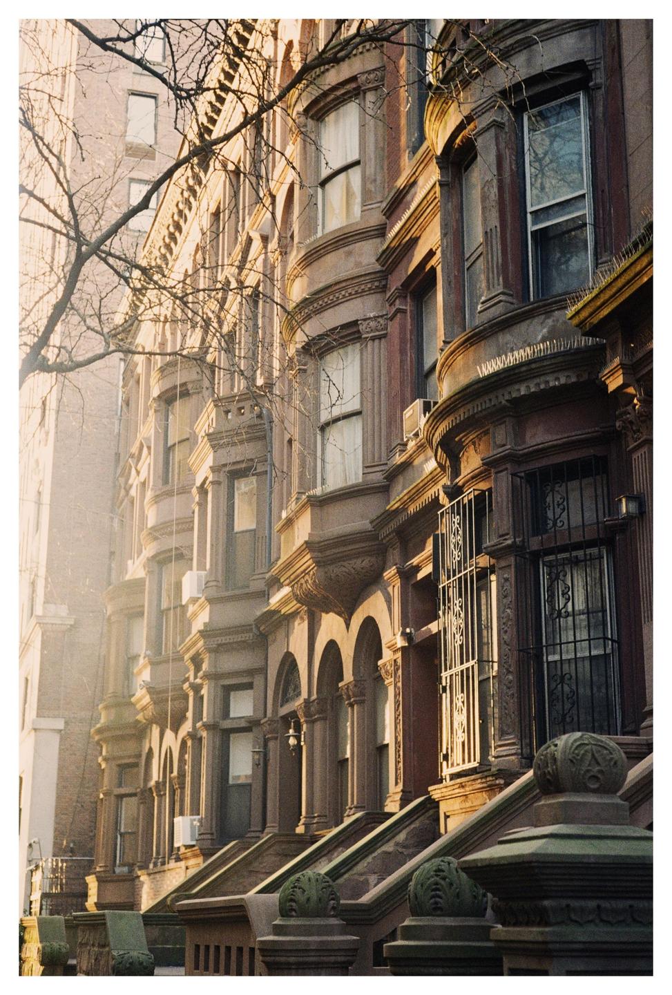 Sunlight illuminates a row of brownstone buildings with bay windows and stoops.