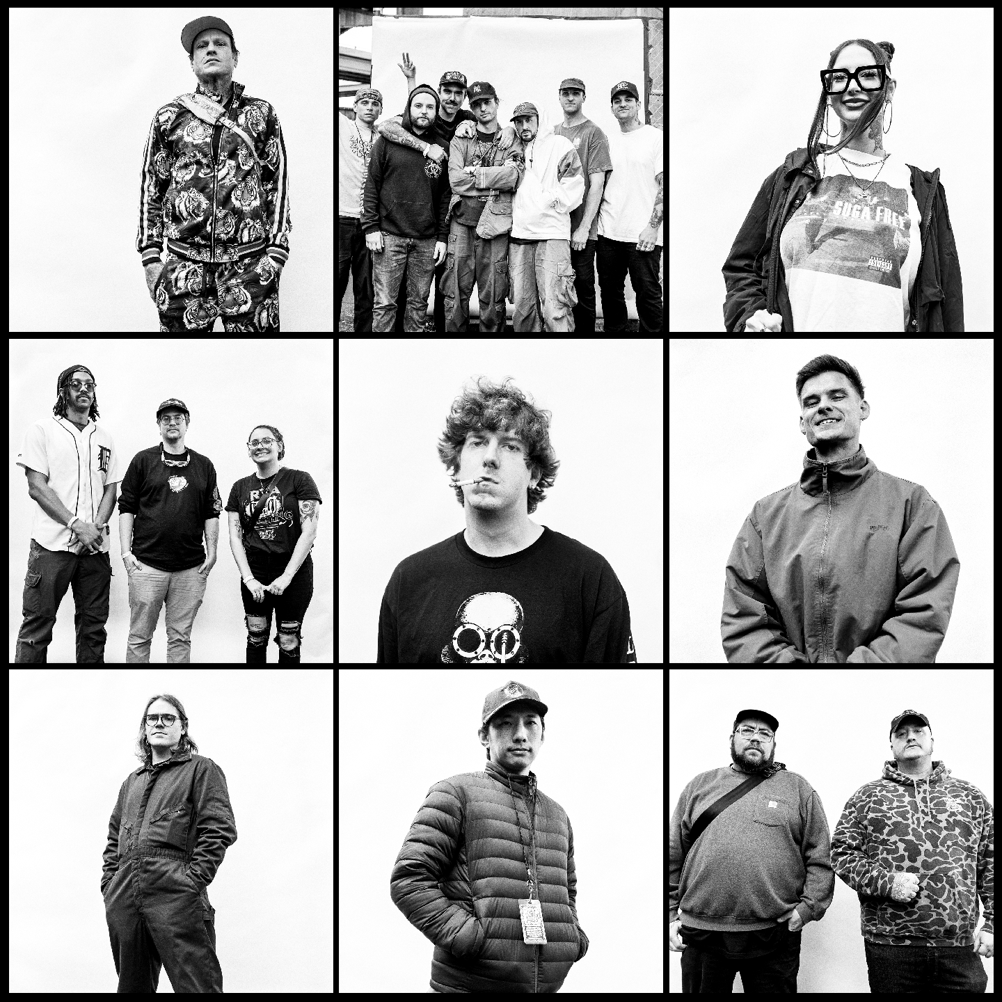 A grid of nine black and white portraits shows individuals and groups of people.
