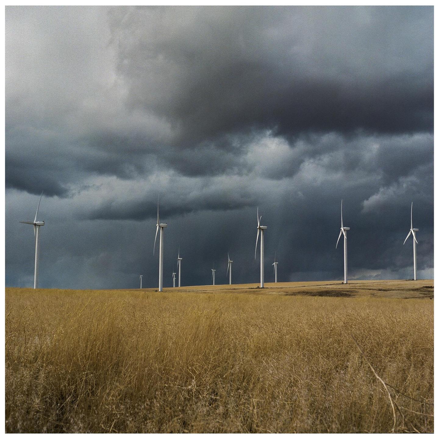 A field of dry grass is in the foreground with several wind turbines under a dark, cloudy sky.