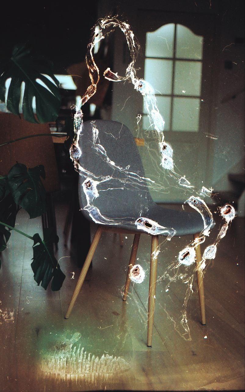 A chair with wooden legs is in a room with a plant and a window, with light streaks and spots across the image.
