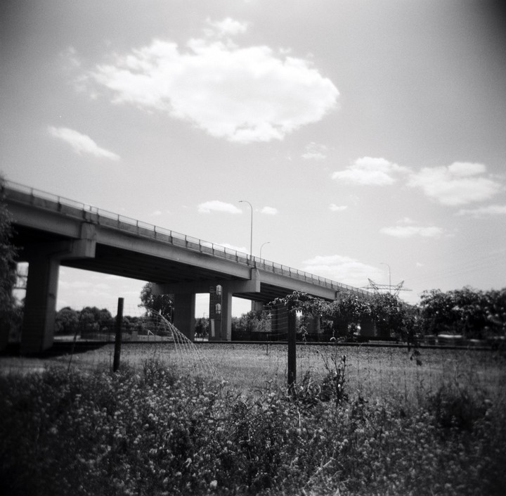 A concrete overpass stretches across the frame above a grassy field with a fence in the foreground.